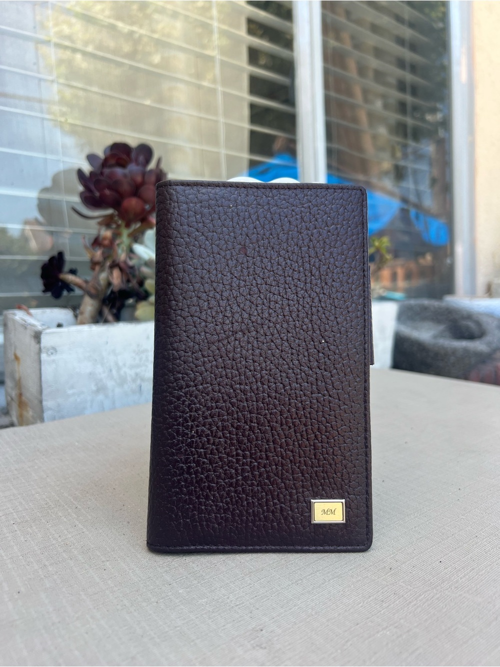 Dark Brown Pebbled Leather Card & Key Holder with Gold Plaque